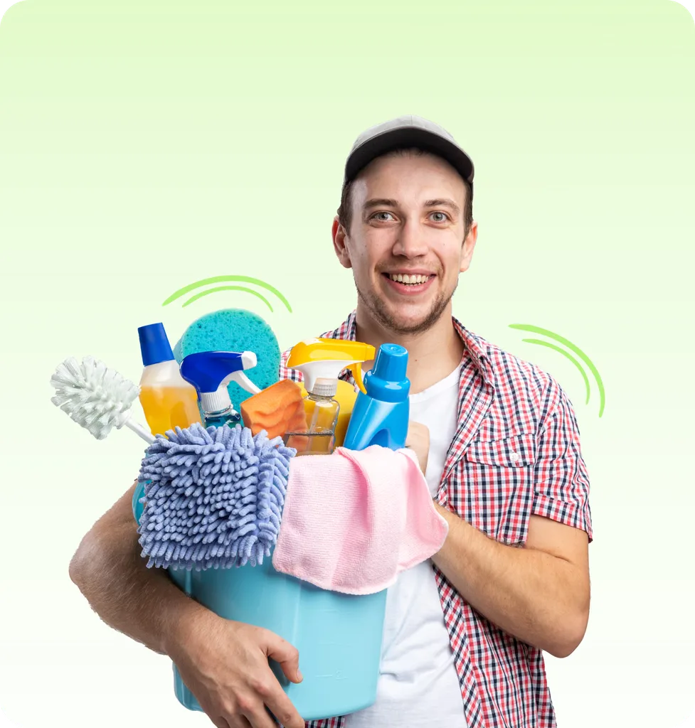 A cleaner carrying a bucket of professional cleaning supplies